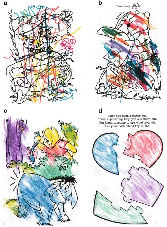 Coloring book pages from 17 year old girl with autism: (a) before beginning HBOT at 1.5 atm/100% oxygen; (b) after one week of HBOT (5 sessions at one hour each), she is beginning to create patches of color to fill in a space; (c) after 3 weeks of HBOT (about 15 hours of HBOT), she uses correct colors for Winnie the Pooh and Eyore, and the foliage except for the tree trunk; and (d) after 5 weeks of HBOT (20 hours of HBOT), she begins to respect borders and boundaries and even outlines the inner border with color. After 6 months, her coloring abilities remained stable. Pictures courtesy of Carol L. Henricks, MD. Credit: Permission for use of drawings granted by the Journal of American Physicians and Surgeons.