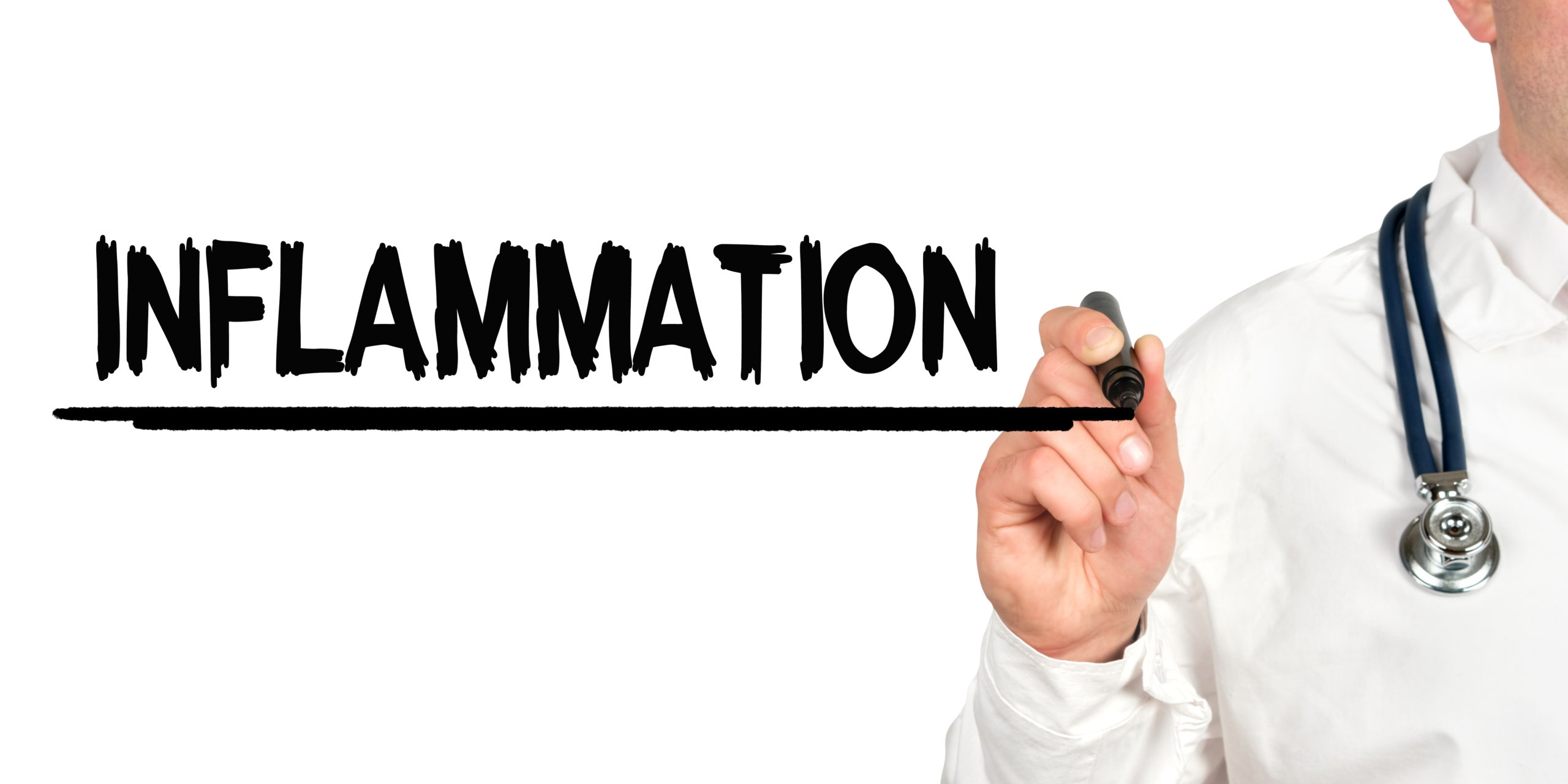 Doctor with whiteboard marker underlining "INFLAMMATION."